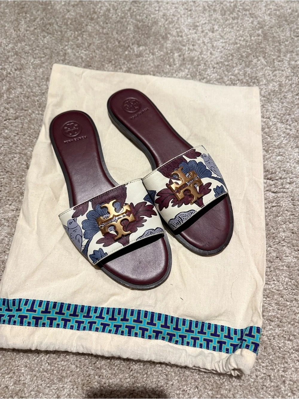 Tory Burch Maroon Floral Logo Slide Sandals with Gold Hardware